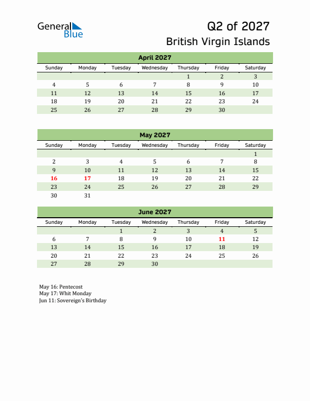 Quarterly Calendar 2027 with British Virgin Islands Holidays