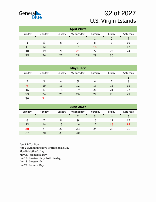 Quarterly Calendar 2027 with U.S. Virgin Islands Holidays