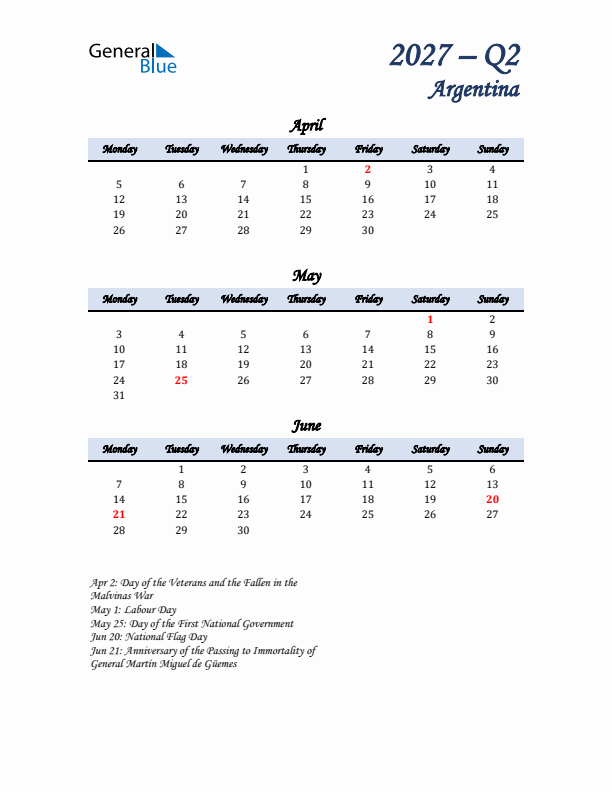 April, May, and June Calendar for Argentina with Monday Start