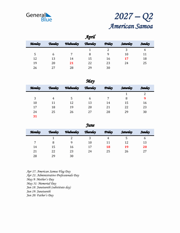 April, May, and June Calendar for American Samoa with Monday Start
