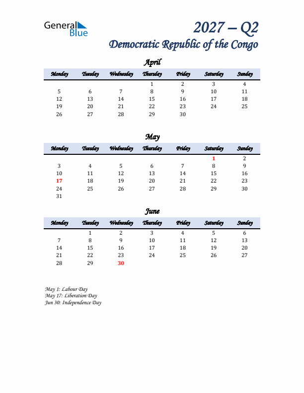 April, May, and June Calendar for Democratic Republic of the Congo with Monday Start