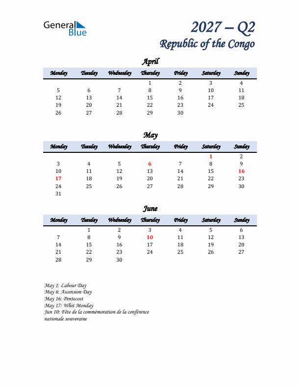 April, May, and June Calendar for Republic of the Congo with Monday Start