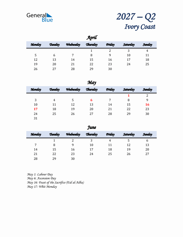 April, May, and June Calendar for Ivory Coast with Monday Start