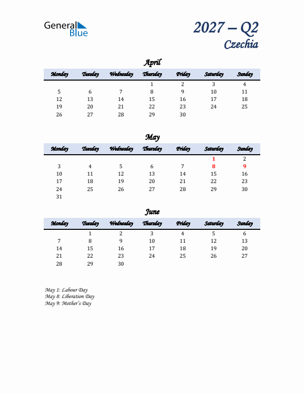 April, May, and June Calendar for Czechia with Monday Start