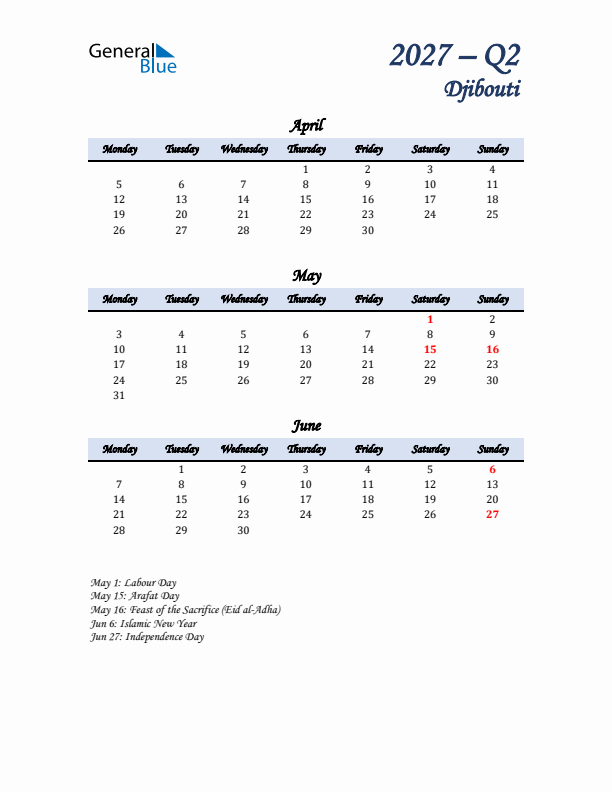 April, May, and June Calendar for Djibouti with Monday Start