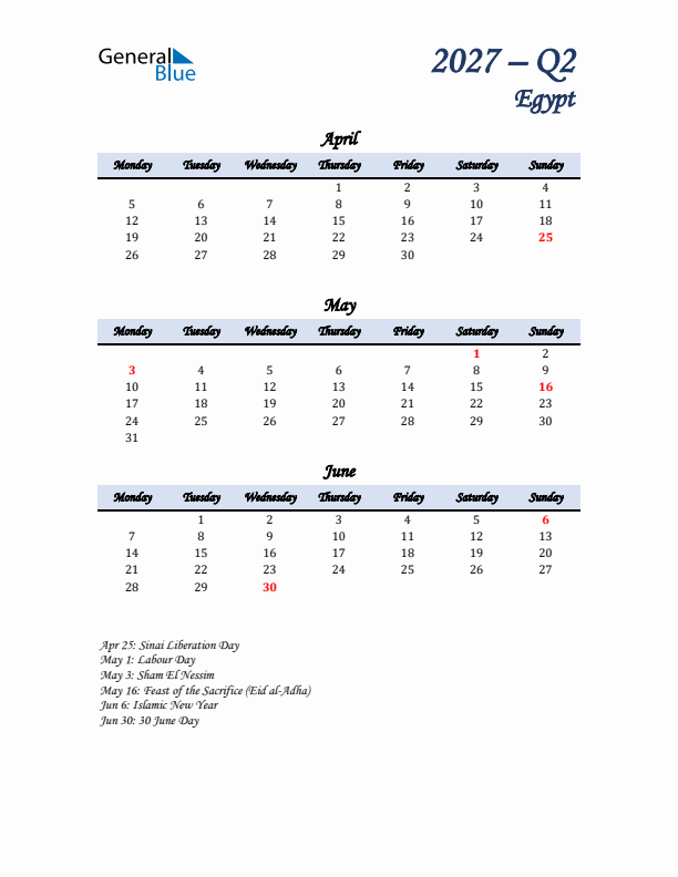 April, May, and June Calendar for Egypt with Monday Start