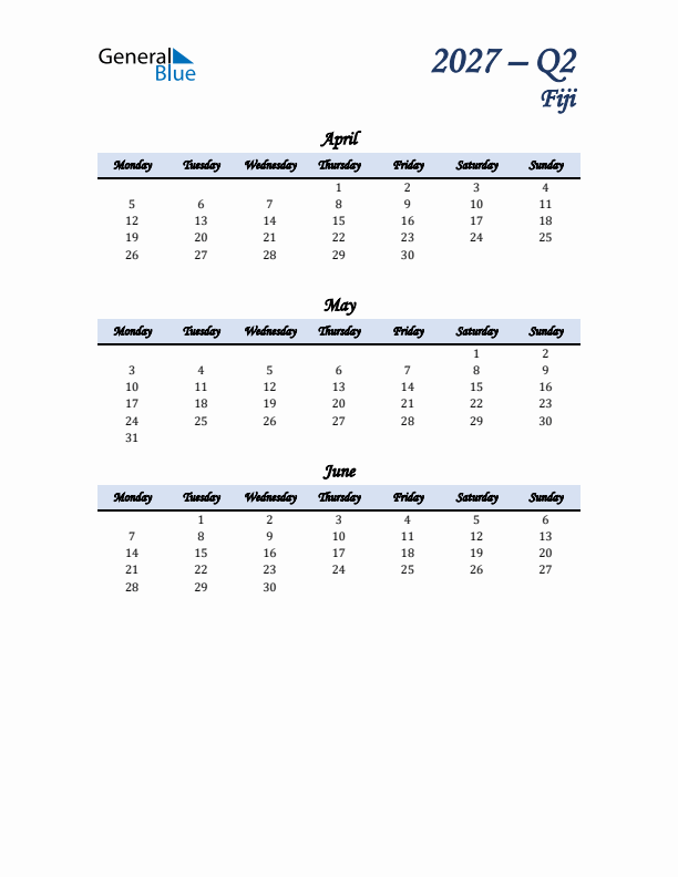 April, May, and June Calendar for Fiji with Monday Start