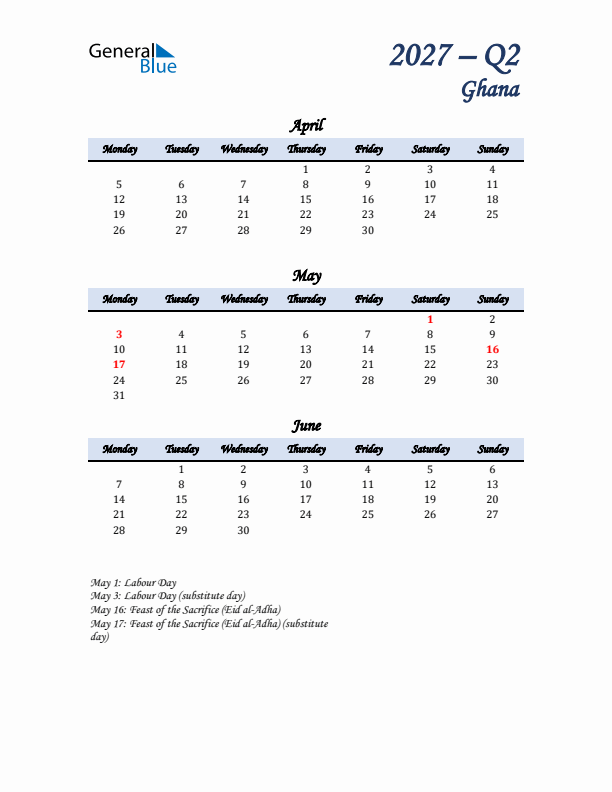 April, May, and June Calendar for Ghana with Monday Start