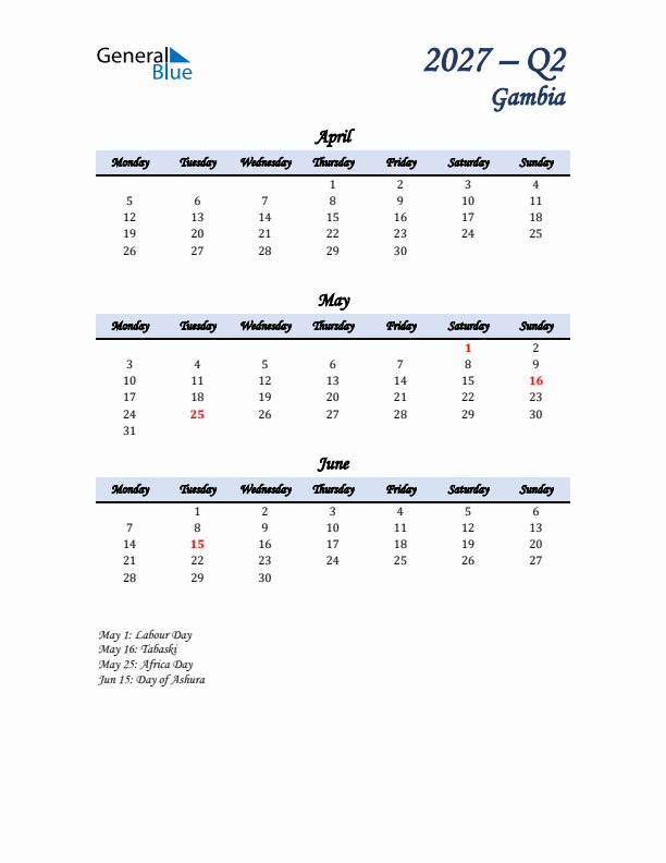 April, May, and June Calendar for Gambia with Monday Start