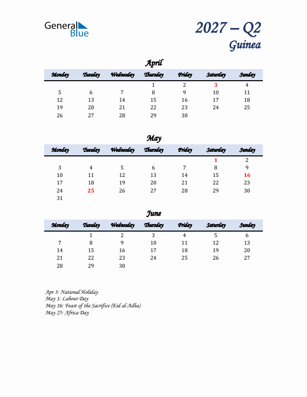 April, May, and June Calendar for Guinea with Monday Start