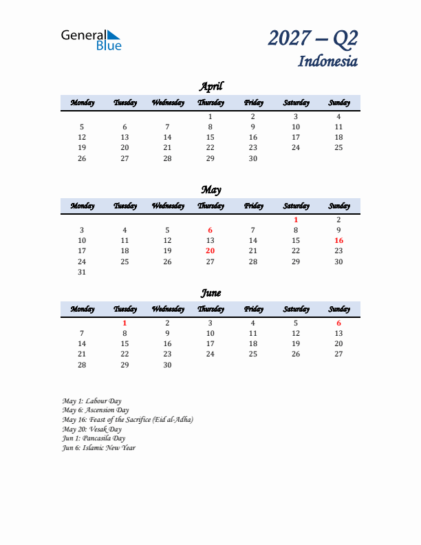 April, May, and June Calendar for Indonesia with Monday Start
