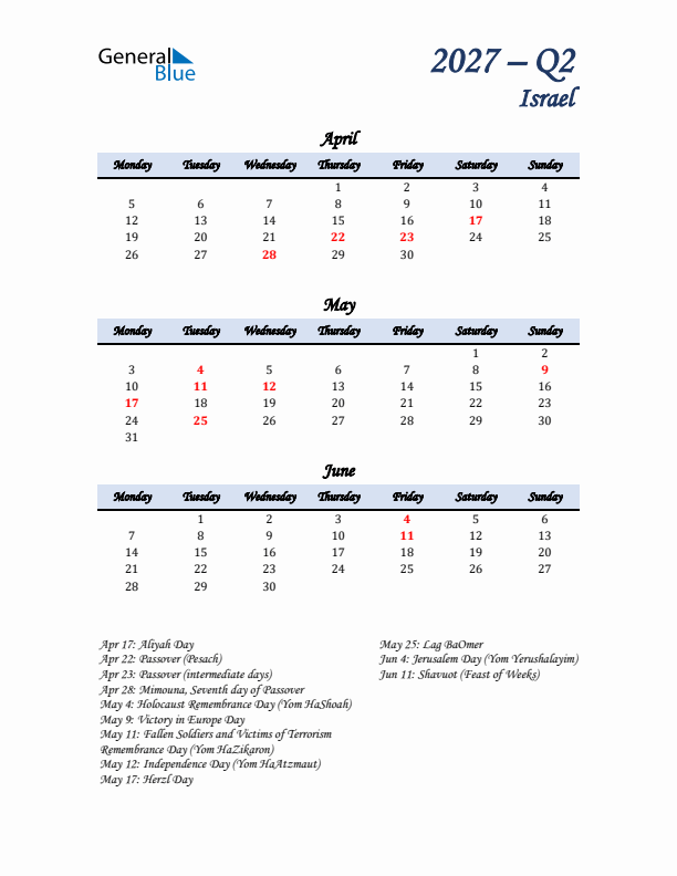 April, May, and June Calendar for Israel with Monday Start