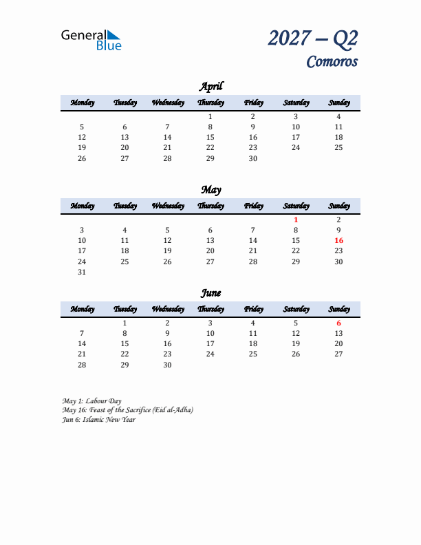 April, May, and June Calendar for Comoros with Monday Start