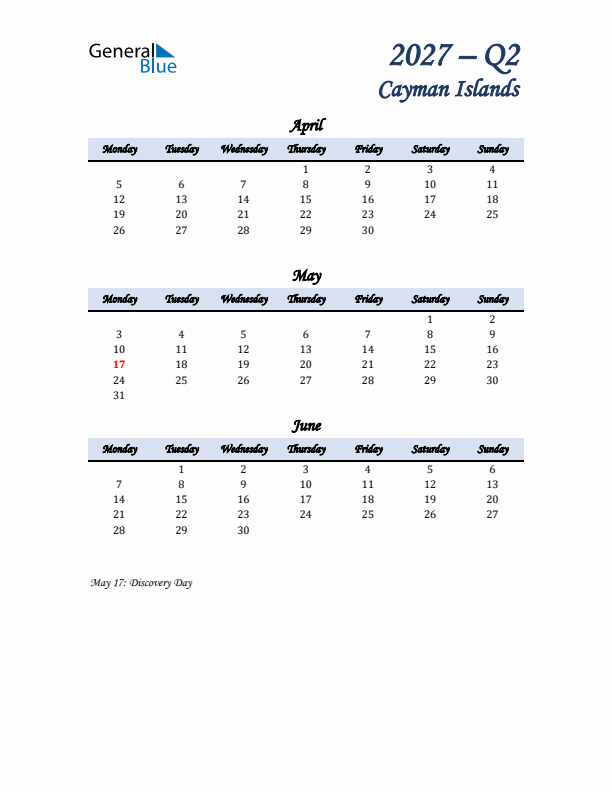 April, May, and June Calendar for Cayman Islands with Monday Start