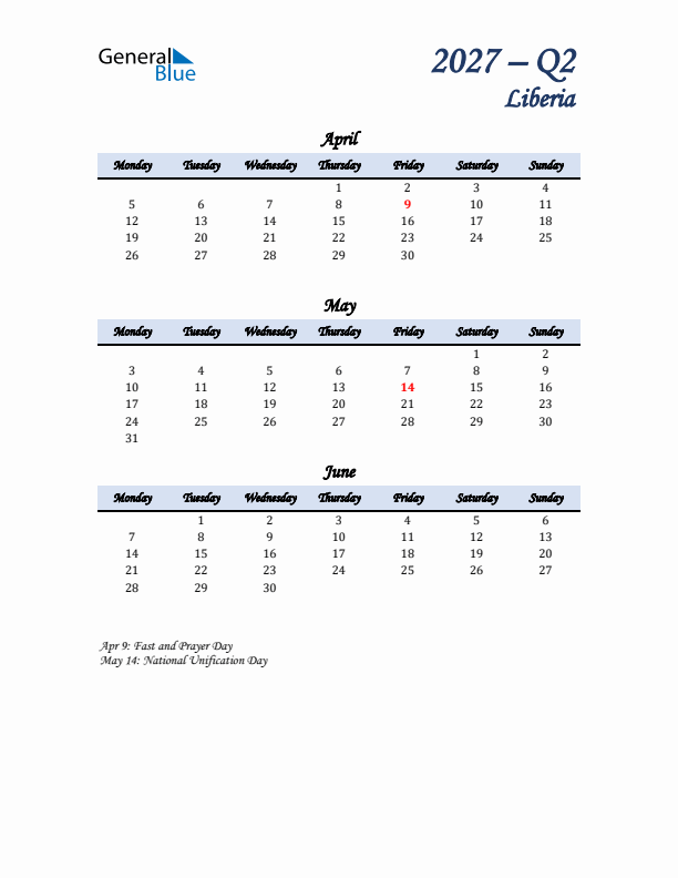 April, May, and June Calendar for Liberia with Monday Start