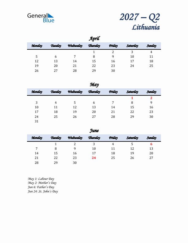 April, May, and June Calendar for Lithuania with Monday Start