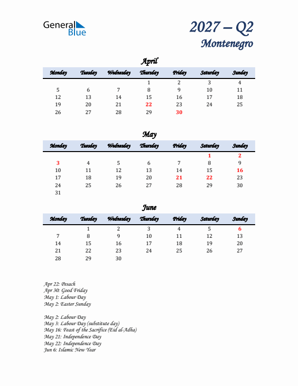 April, May, and June Calendar for Montenegro with Monday Start
