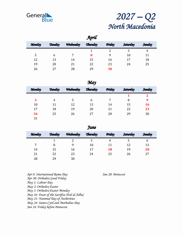 April, May, and June Calendar for North Macedonia with Monday Start