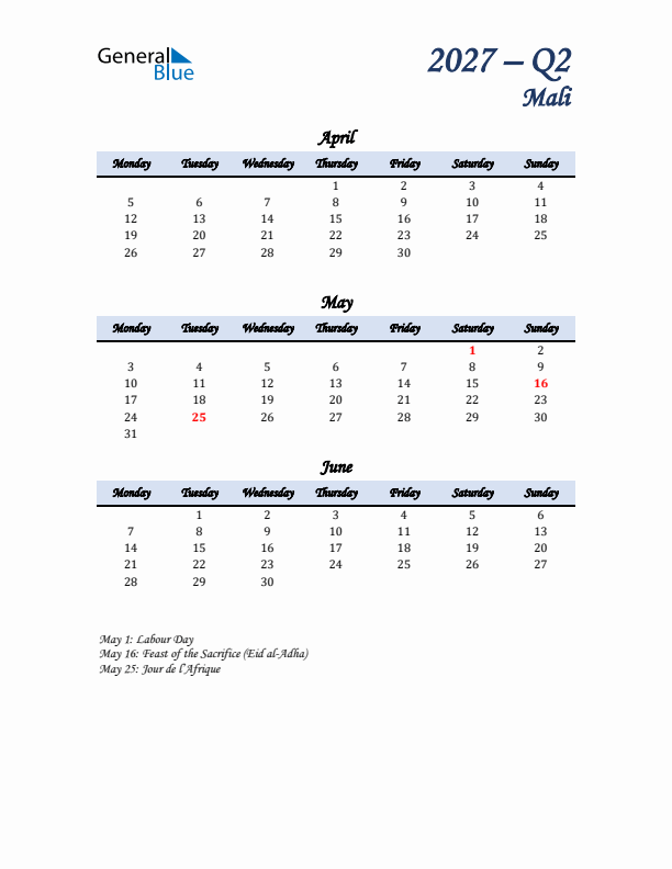 April, May, and June Calendar for Mali with Monday Start