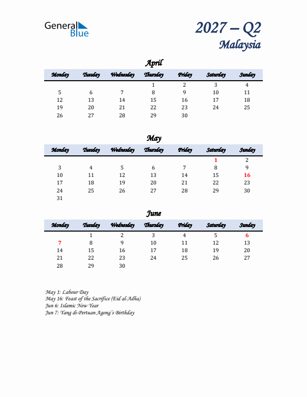 April, May, and June Calendar for Malaysia with Monday Start