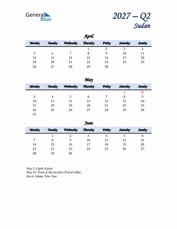 April, May, and June Calendar for Sudan with Monday Start