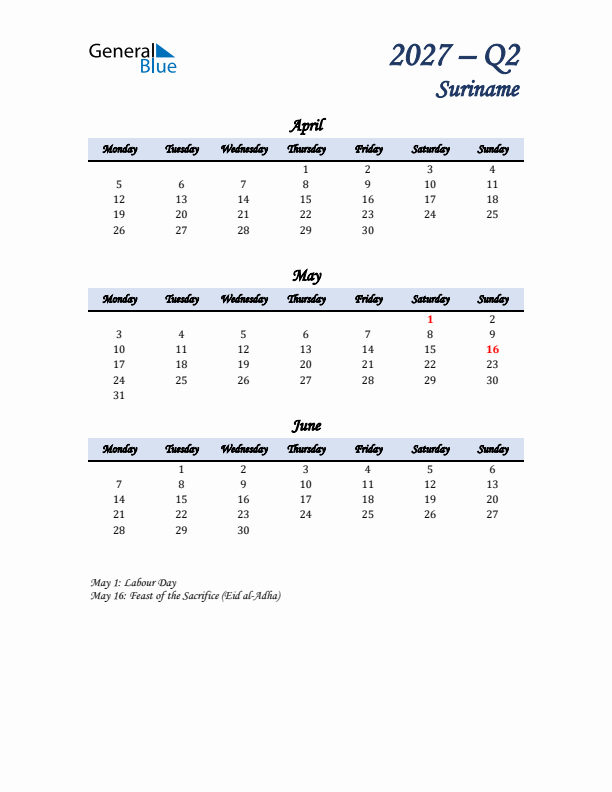 April, May, and June Calendar for Suriname with Monday Start