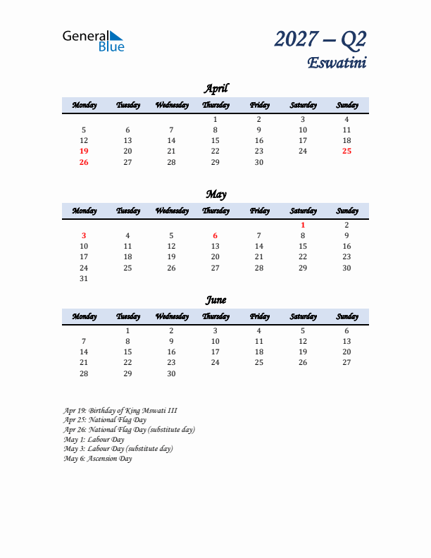 April, May, and June Calendar for Eswatini with Monday Start