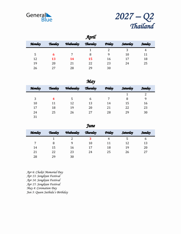 April, May, and June Calendar for Thailand with Monday Start