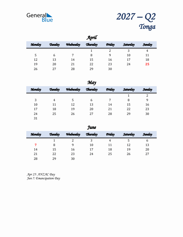 April, May, and June Calendar for Tonga with Monday Start