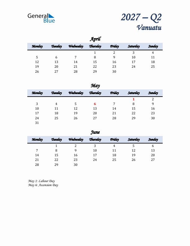 April, May, and June Calendar for Vanuatu with Monday Start
