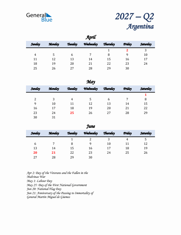 April, May, and June Calendar for Argentina with Sunday Start