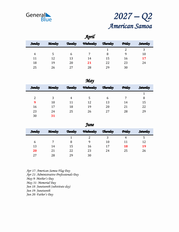 April, May, and June Calendar for American Samoa with Sunday Start