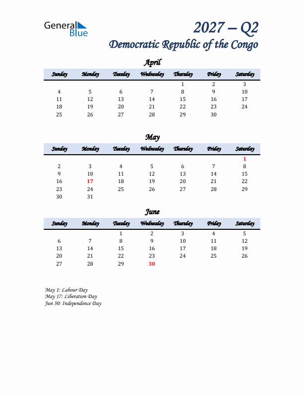 April, May, and June Calendar for Democratic Republic of the Congo with Sunday Start