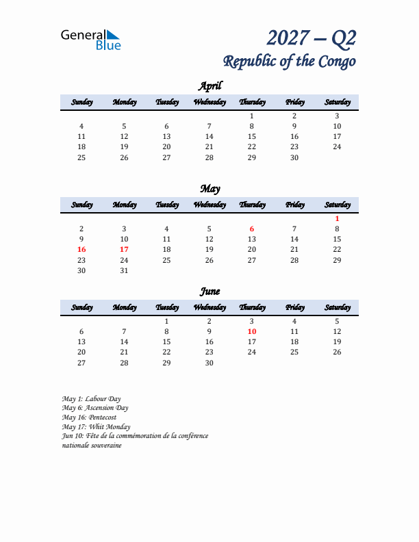 April, May, and June Calendar for Republic of the Congo with Sunday Start