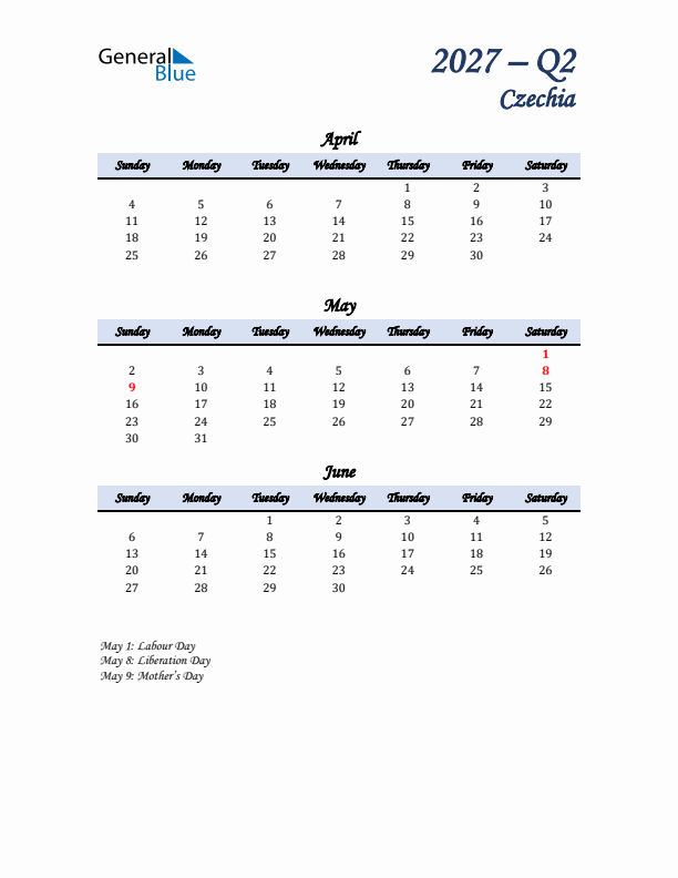 April, May, and June Calendar for Czechia with Sunday Start