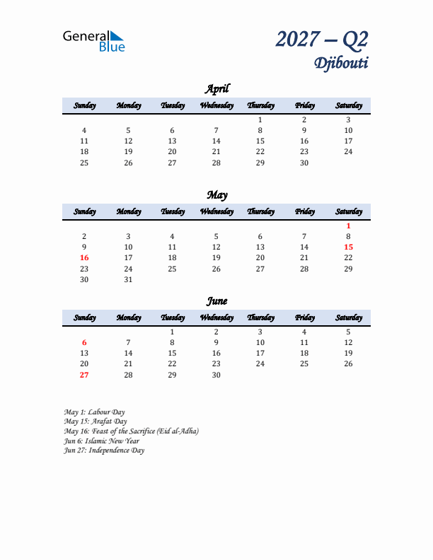 April, May, and June Calendar for Djibouti with Sunday Start