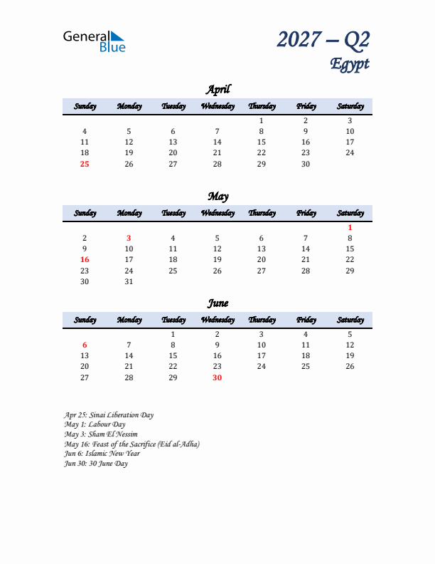 April, May, and June Calendar for Egypt with Sunday Start