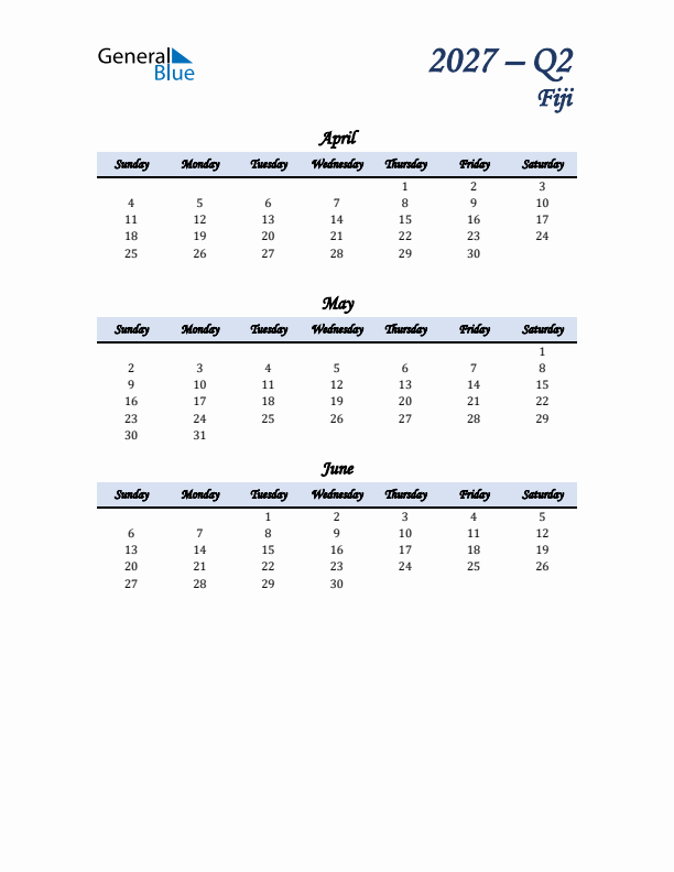 April, May, and June Calendar for Fiji with Sunday Start