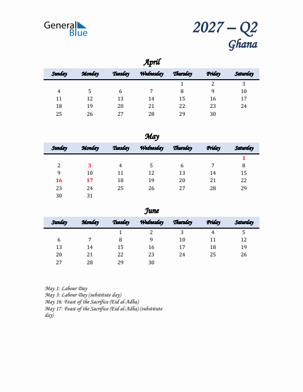 April, May, and June Calendar for Ghana with Sunday Start