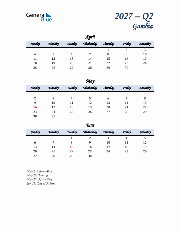 April, May, and June Calendar for Gambia with Sunday Start