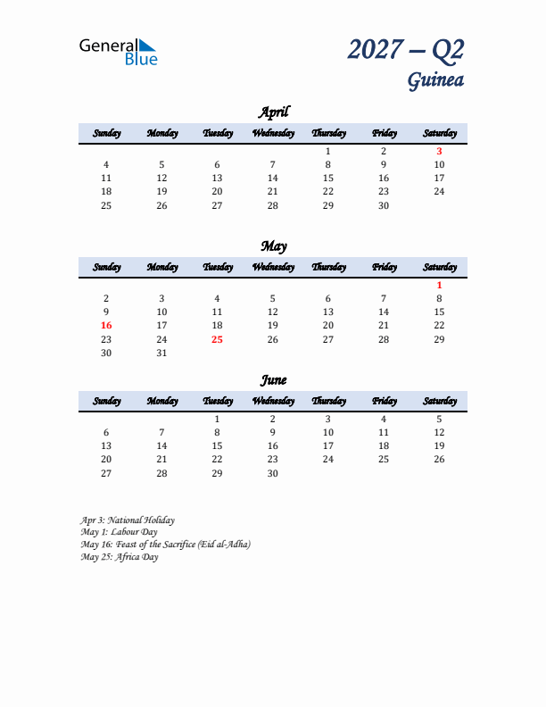 April, May, and June Calendar for Guinea with Sunday Start