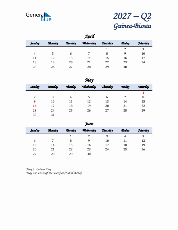 April, May, and June Calendar for Guinea-Bissau with Sunday Start