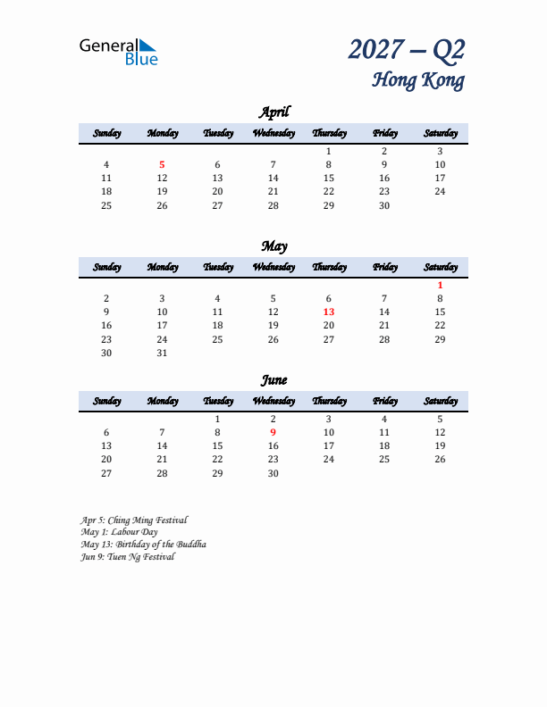 April, May, and June Calendar for Hong Kong with Sunday Start