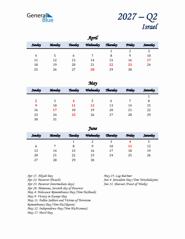 April, May, and June Calendar for Israel with Sunday Start
