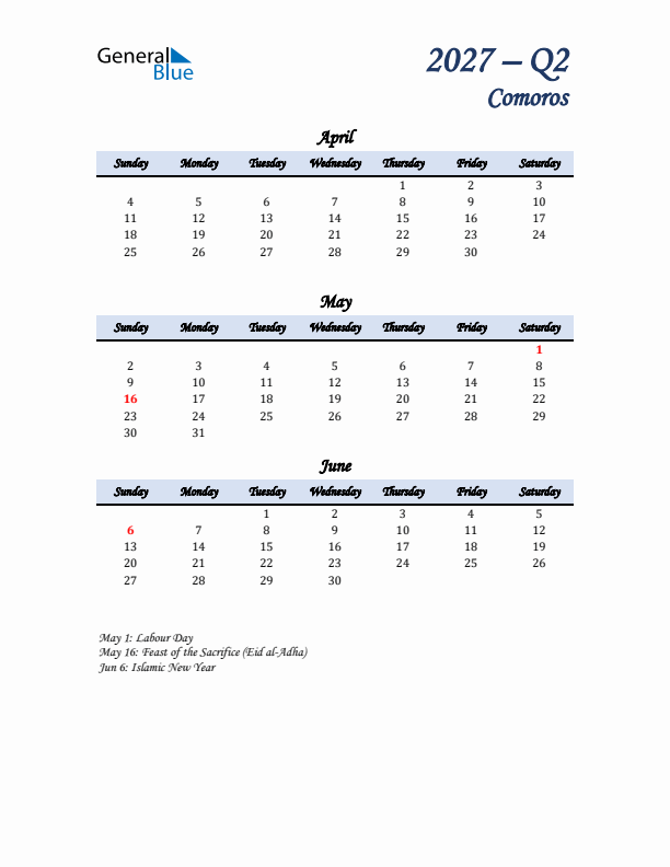April, May, and June Calendar for Comoros with Sunday Start