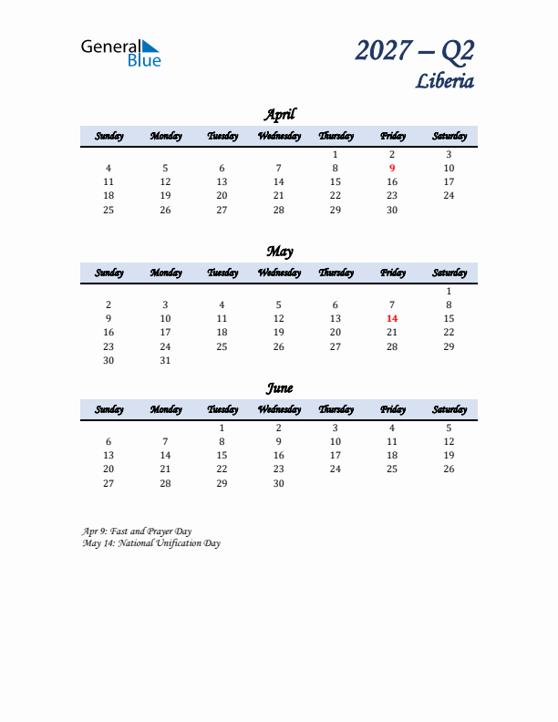April, May, and June Calendar for Liberia with Sunday Start