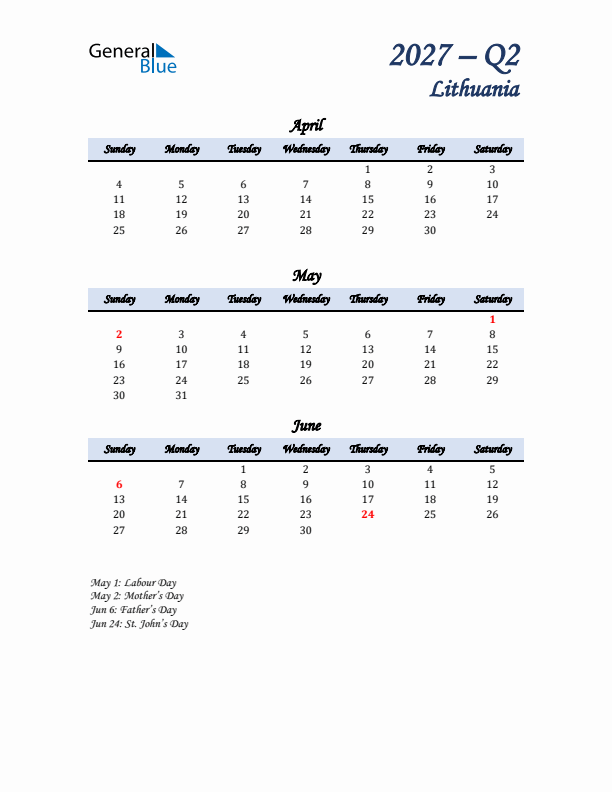 April, May, and June Calendar for Lithuania with Sunday Start