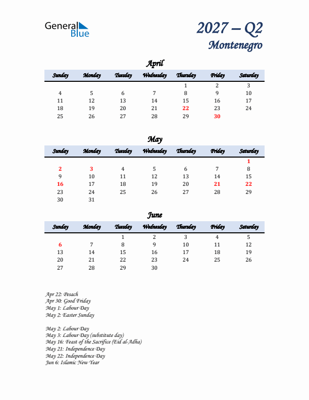 April, May, and June Calendar for Montenegro with Sunday Start