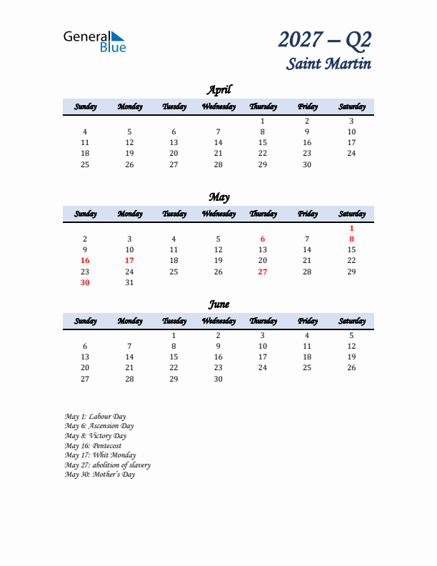 April, May, and June Calendar for Saint Martin with Sunday Start
