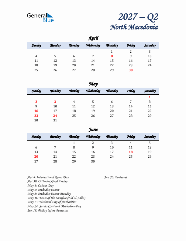 April, May, and June Calendar for North Macedonia with Sunday Start